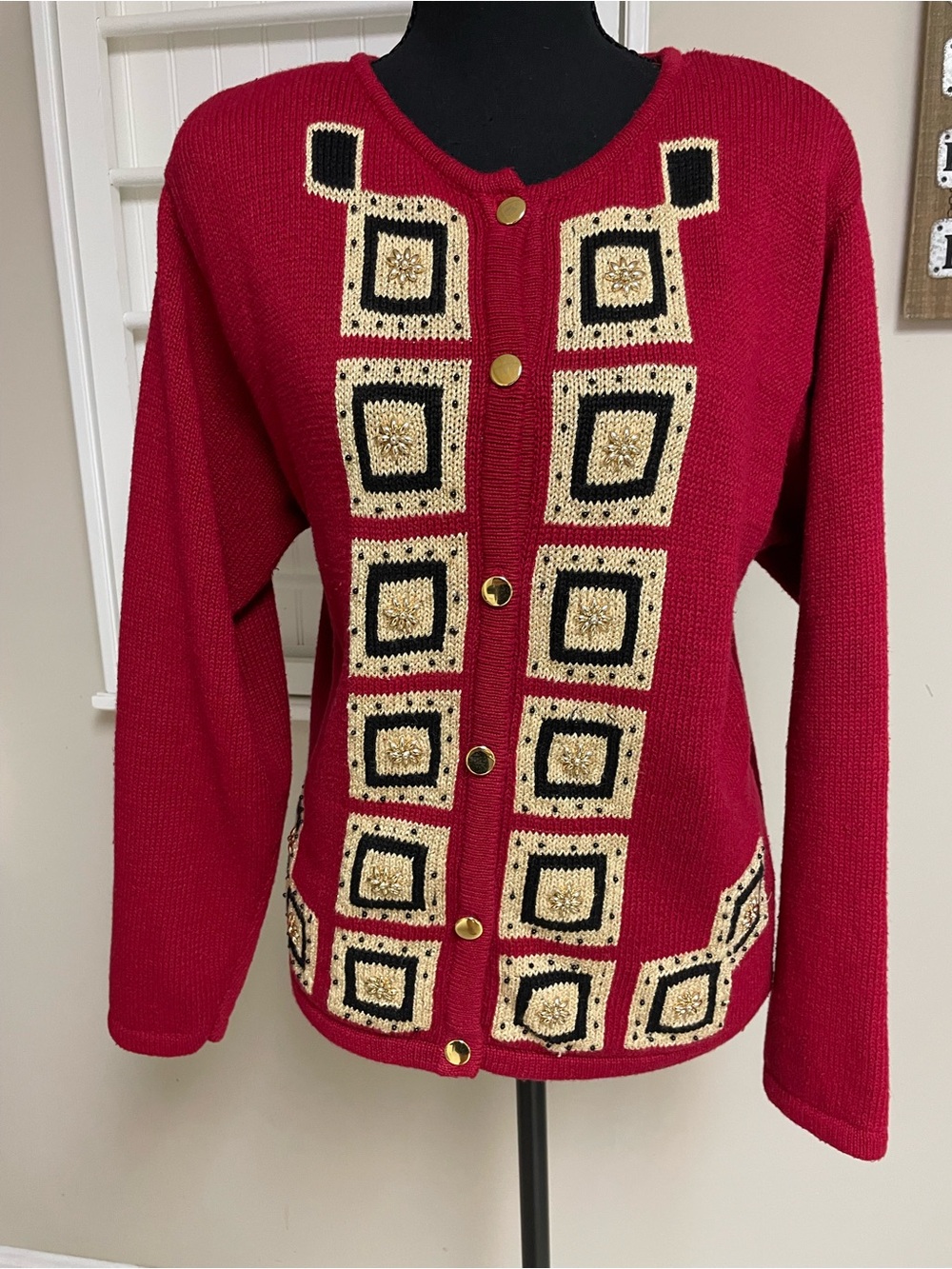 Classic Red Knit Cardigan with Geometric Trim